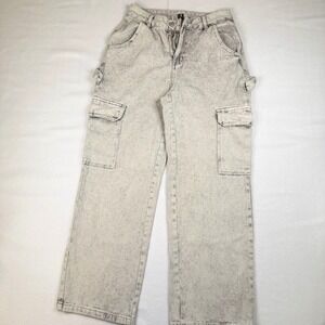 NVFelix Women Grey Acid Wash Cargo Pants Wide Leg Carpenter Utility Jeans M